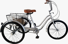 Mogoo Hauler 6-Speed Gear Tricycle with Basket – Silver, 24-Inch