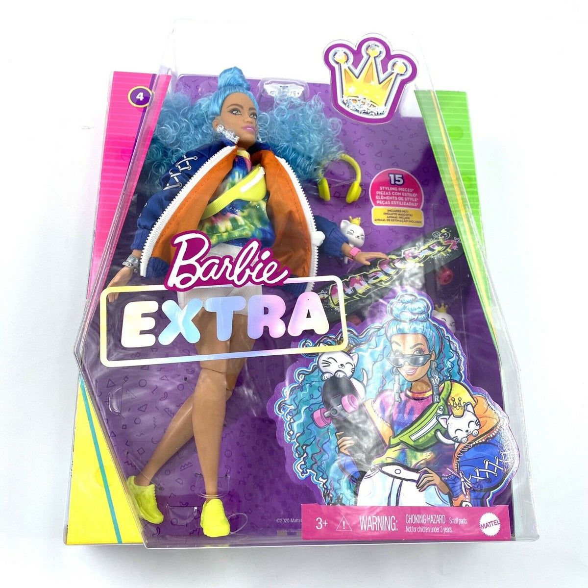 Barbie EXTRA Doll Blue Hair Bomber Jacket Skateboard GRN30 - Colorland Toys
