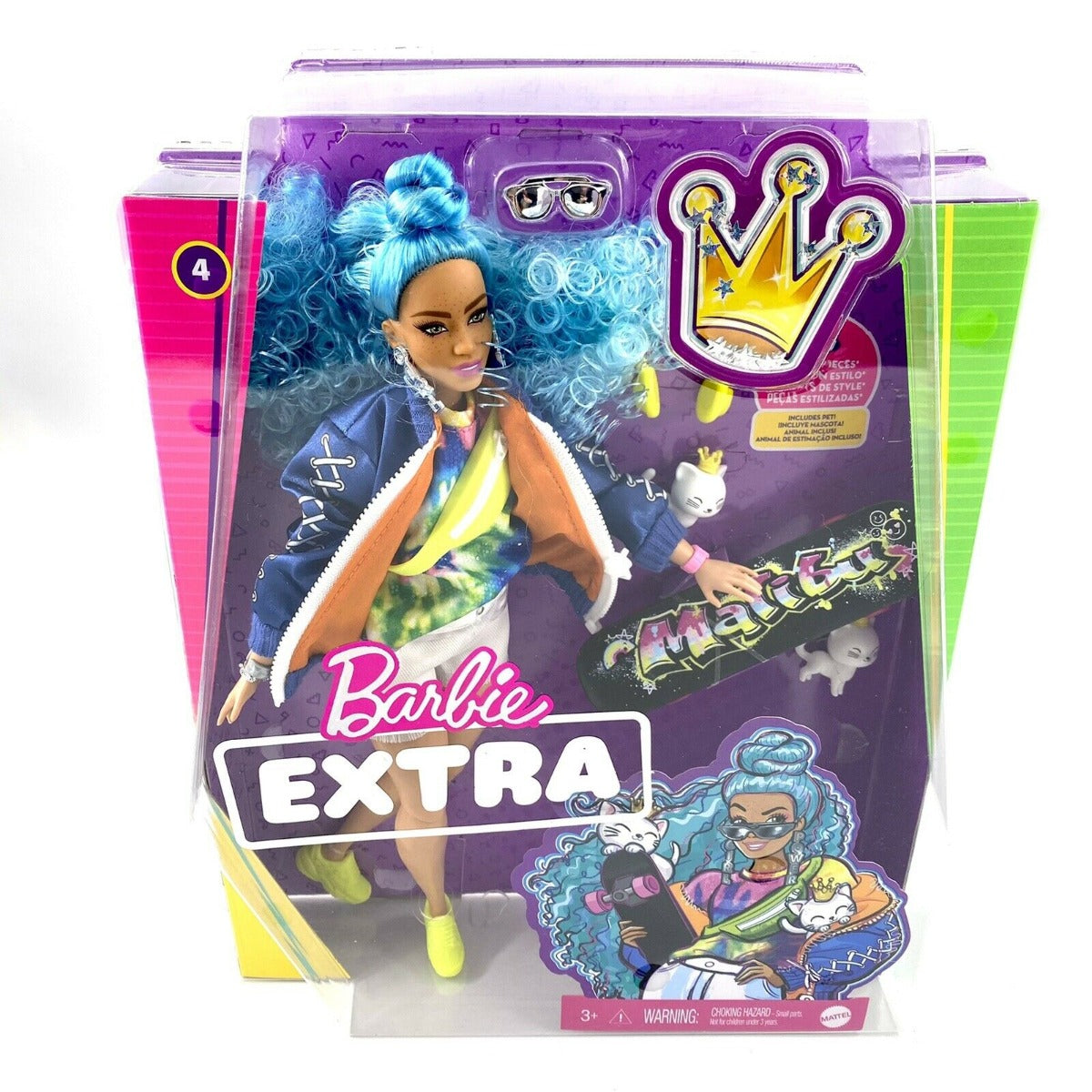 Barbie EXTRA Doll Blue Hair Bomber Jacket Skateboard GRN30 - Colorland Toys