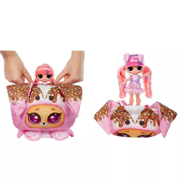 Plush toy with a character in a pink outfit and hat, held by hands, with a matching plush bag on a white background.
