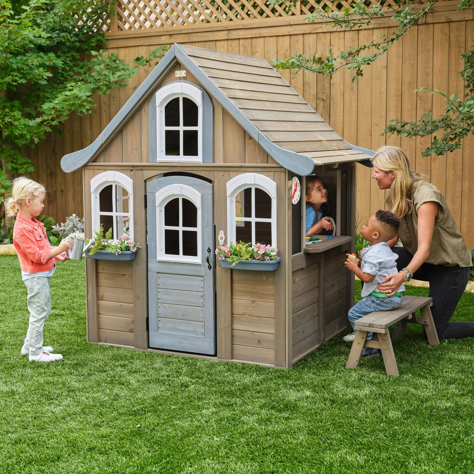 KidKraft Forestview II Wooden Outdoor Playhouse with Doorbell, Kitchen & Bench - Colorland Toys