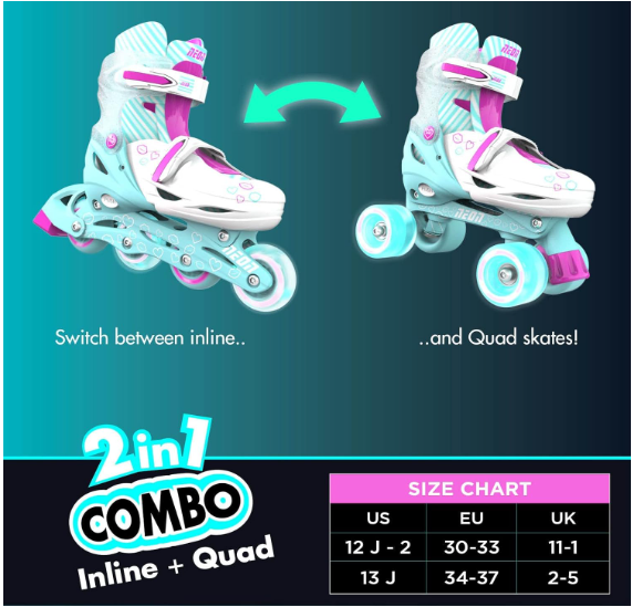 Yvolution Neon Combo Skates Size 12-2 Teal/Pink NT09T4