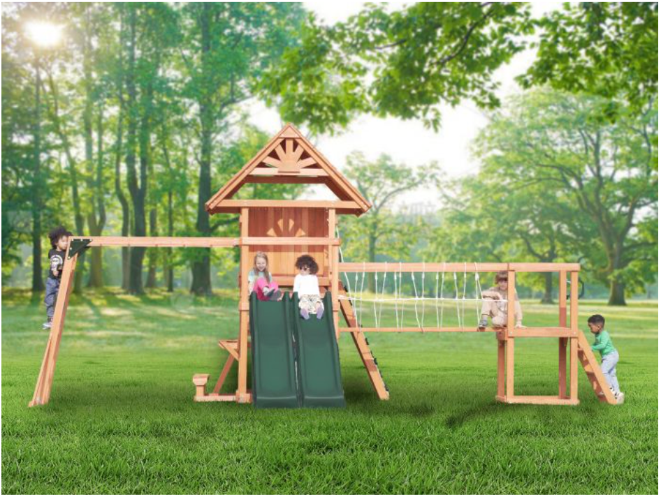 Mount Peak - Double Decker Everest Swing Set  & Playhouse with wooden roof MP76143 - Colorland Toys