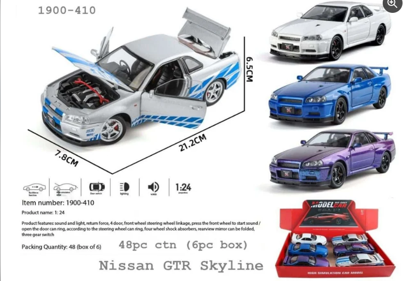 Pullback Nissan GTR R34 Skyline Die-Cast 1:18 Scale Asstd. 1900-460