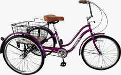 Mogoo Hauler 6-Speed Gear Tricycle with Basket – Purple, 24-Inch