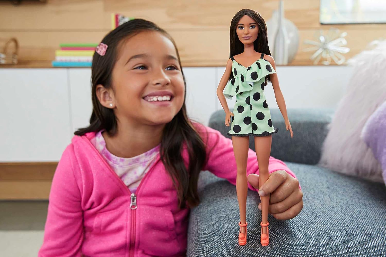 Barbie Fashionista Brunette with Lime Green Polka Dots Romper HJR99 - Colorland Toys