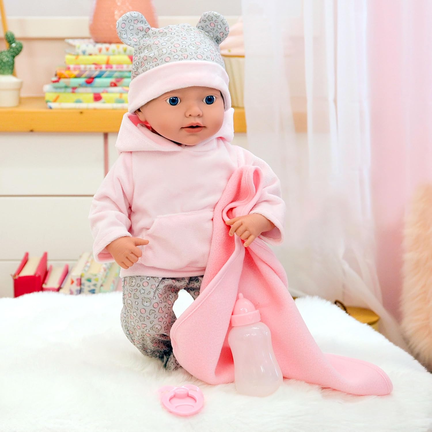 Bayer Design 93827AD Lifelike Reborn Baby Doll 38cm with Dummy, Bottle & Blanket - Colorland Toys