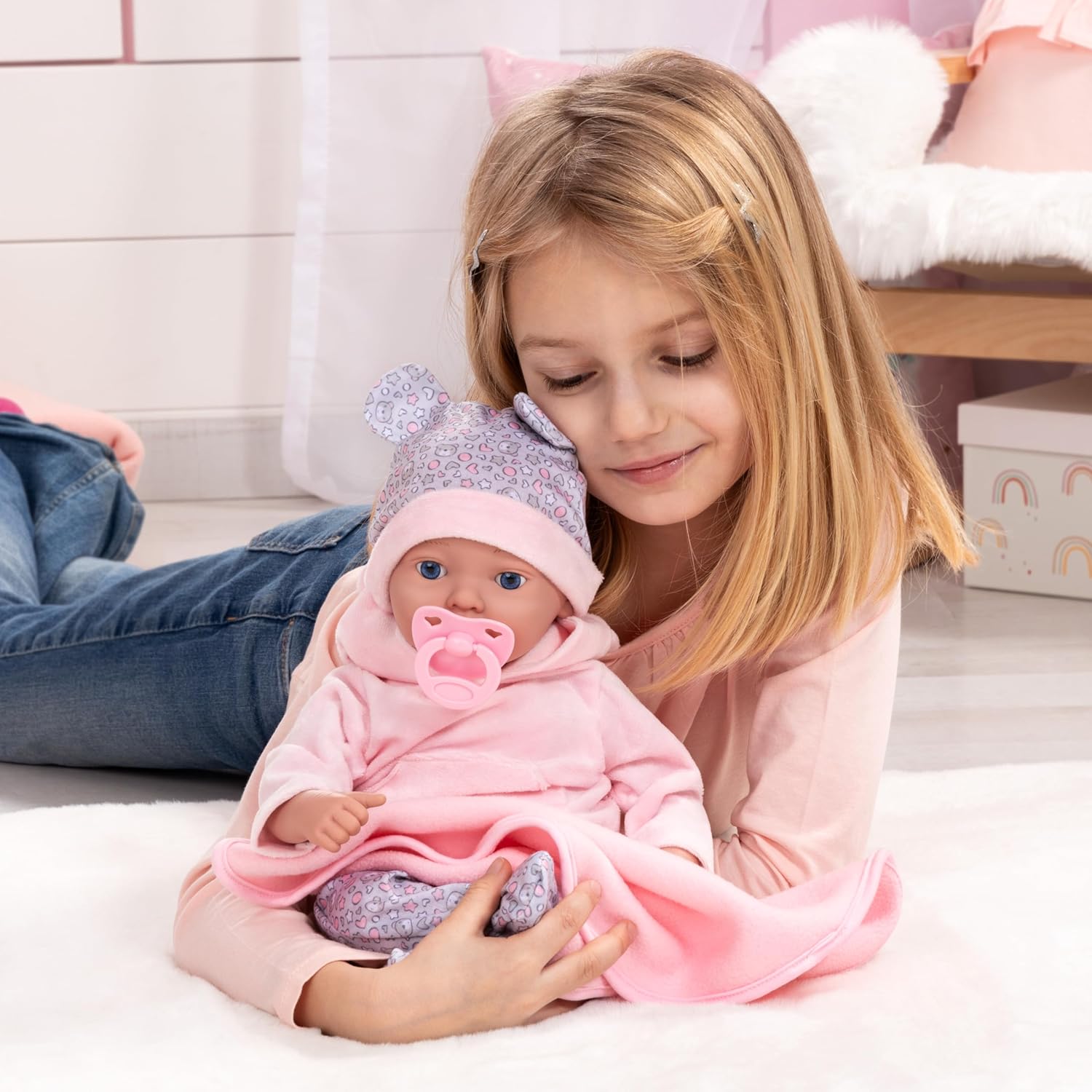 Bayer Design 93827AD Lifelike Reborn Baby Doll 38cm with Dummy, Bottle & Blanket - Colorland Toys