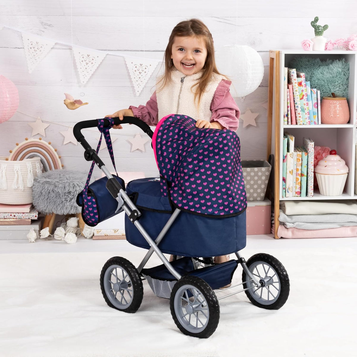 Bayer Design Dolls Pram Trendy - Blue with Pink Hearts, Unicorn — image 8