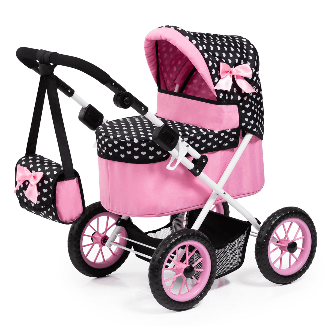 Bayer Design Dolls Pram Trendy - Pink Hearts with Black Hood & Pink Bow — image 1