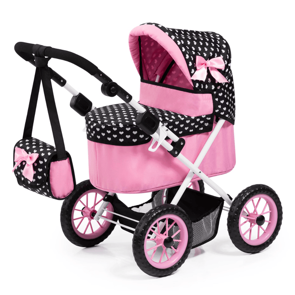 Bayer Design Dolls Pram Trendy - Pink Hearts with Black Hood & Pink Bow