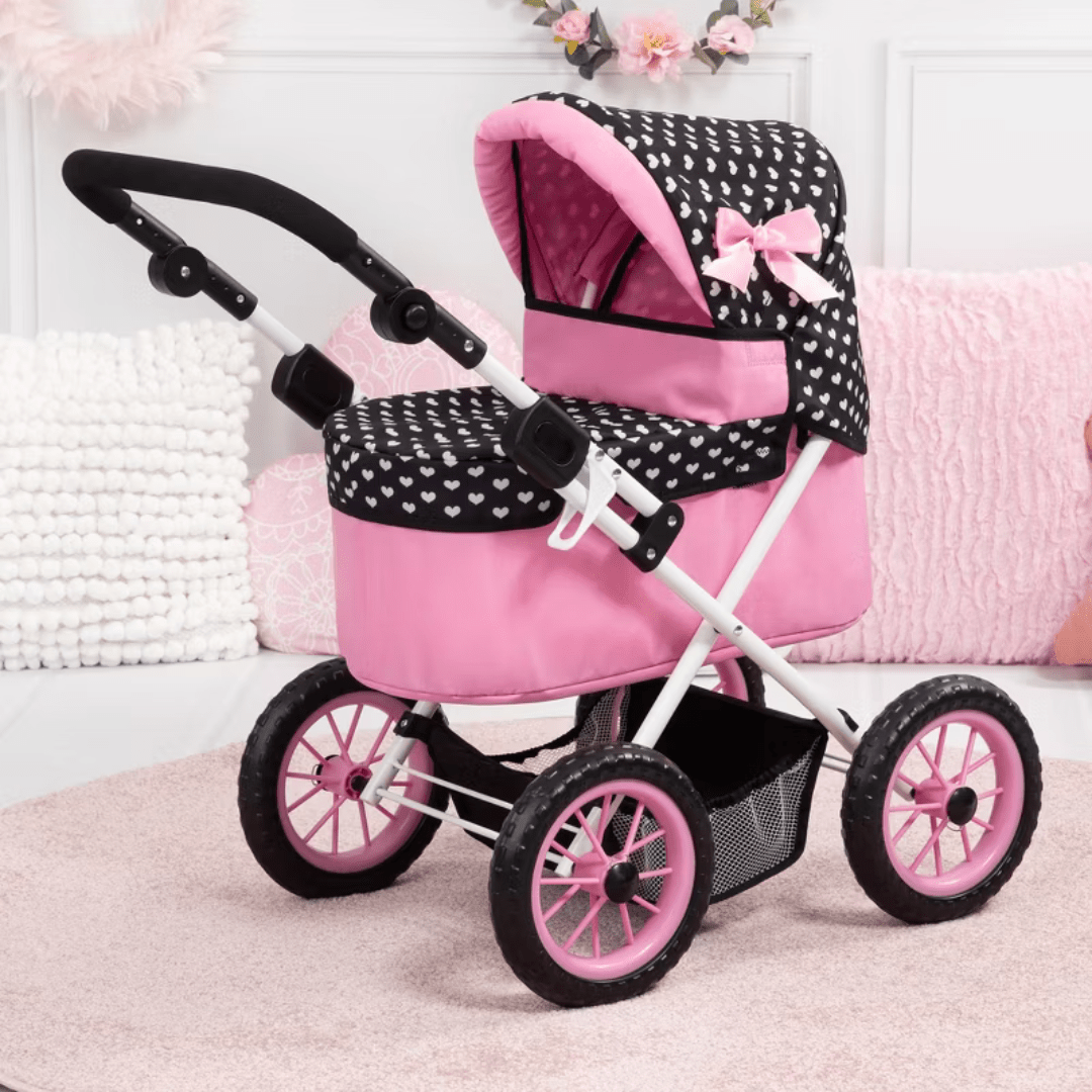 Bayer Design Dolls Pram Trendy - Pink Hearts with Black Hood & Pink Bow — image 3