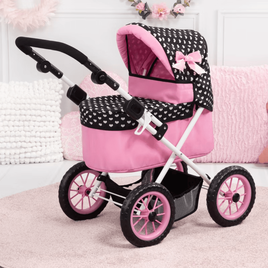 Bayer Design Dolls Pram Trendy - Pink Hearts with Black Hood & Pink Bow — image 3