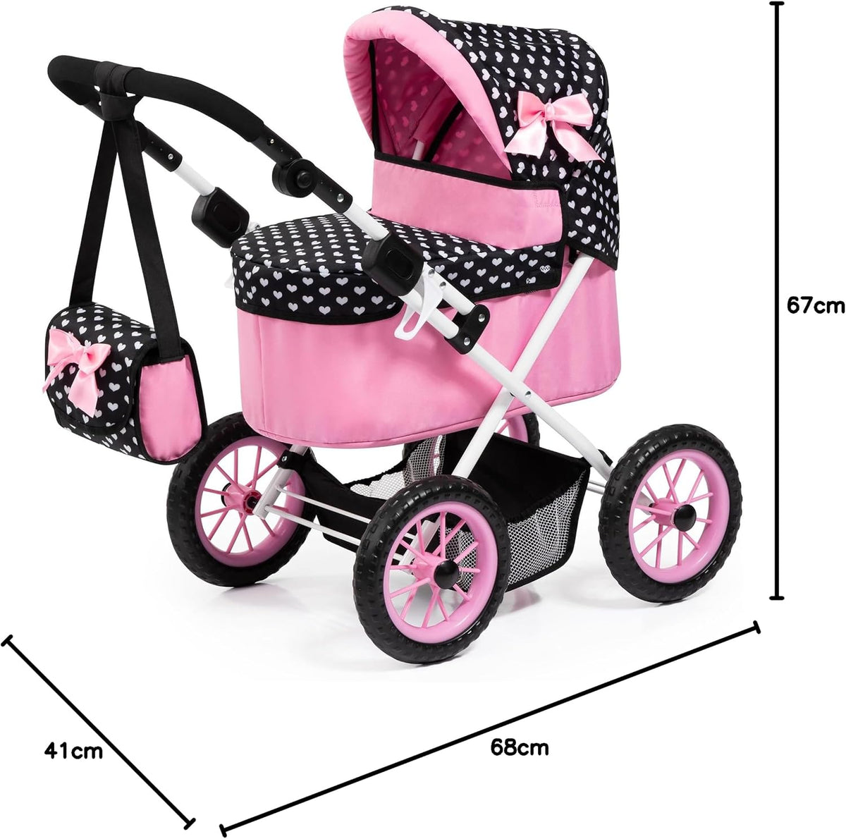 Bayer Design Dolls Pram Trendy - Pink Hearts with Black Hood & Pink Bow — image 7