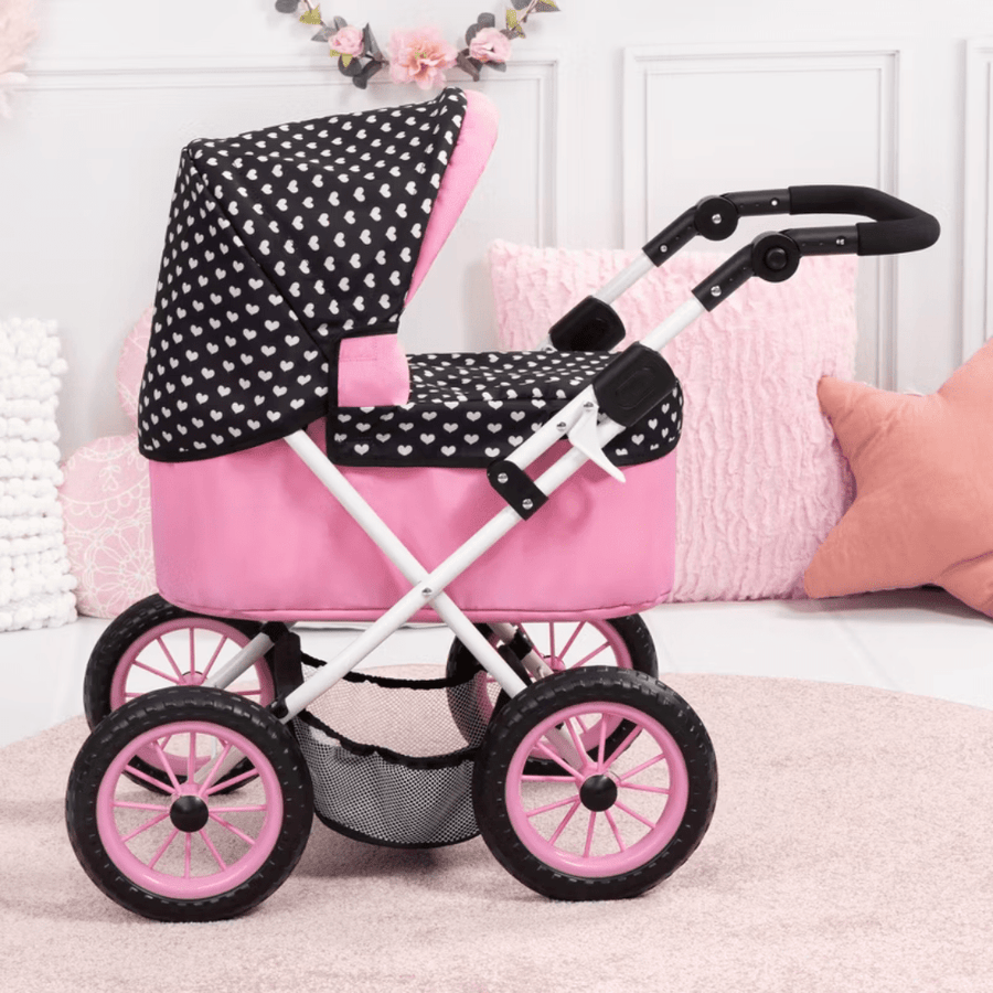 Bayer Design Dolls Pram Trendy - Pink Hearts with Black Hood & Pink Bow — image 5