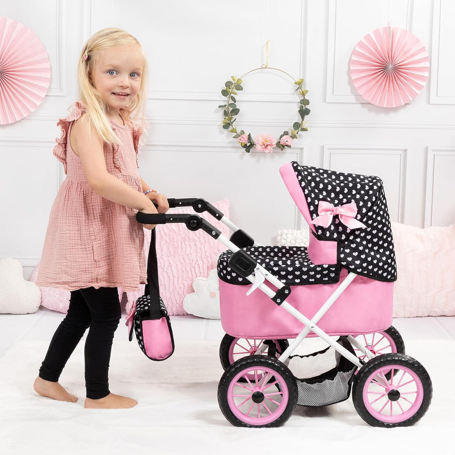 Bayer Design Dolls Pram Trendy - Pink Hearts with Black Hood & Pink Bow — image 2