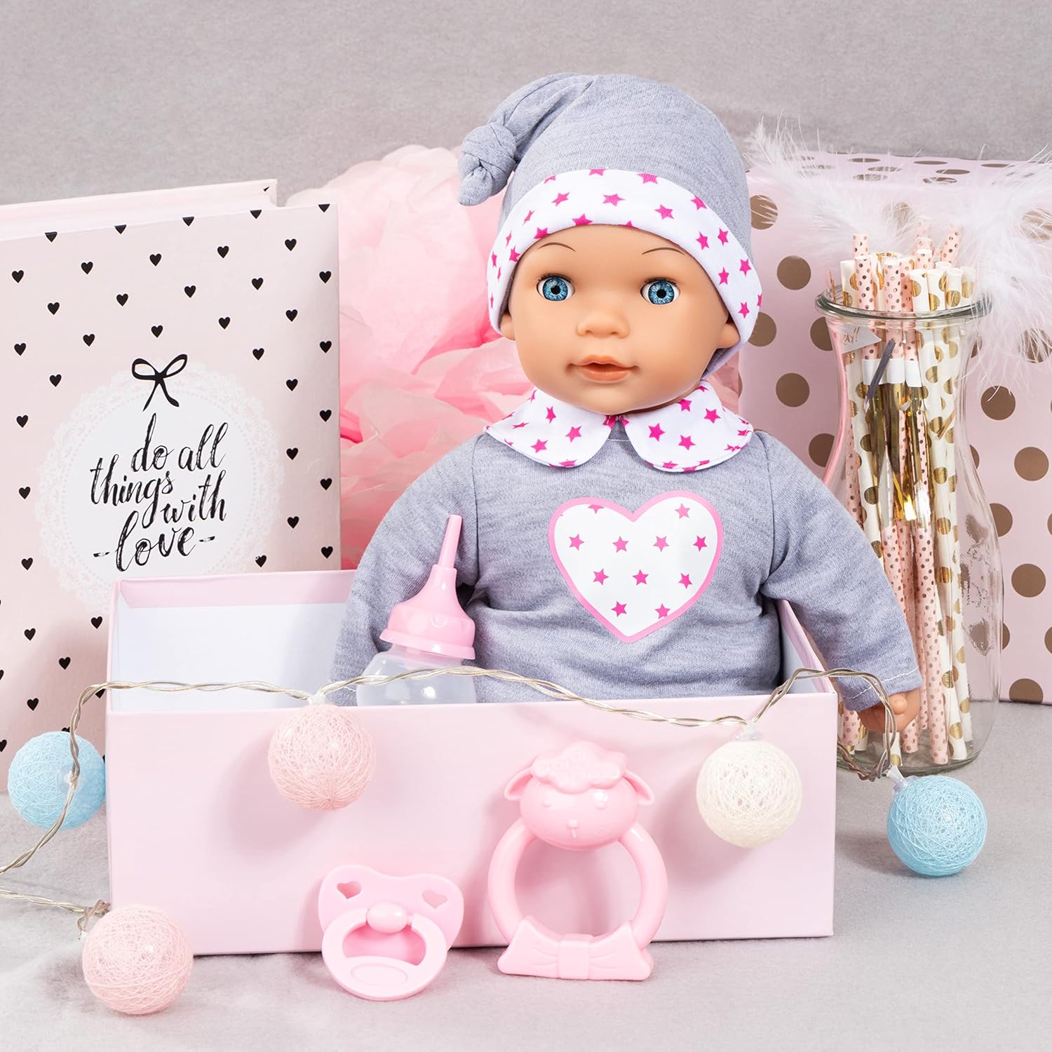 Bayer Tears Baby Interactive Doll 38cm with Sound, Real Tears, and Accessories – Grey & Pink Hearts - Colorland Toys