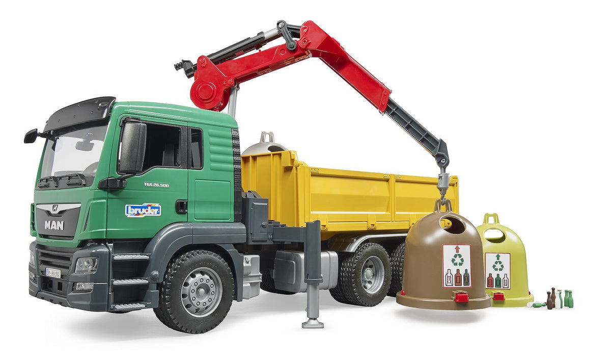 Bruder Man TGS Truck with 3 Glass Recycling Containers and Bottles 03753 - Colorland Toys