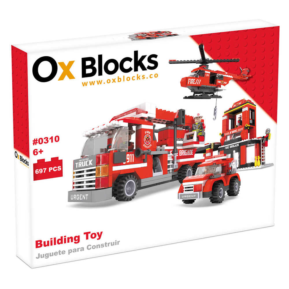 Ox Blocks - XL Fire Set with Fire Engine & Helicopter 697pcs - Colorland Toys