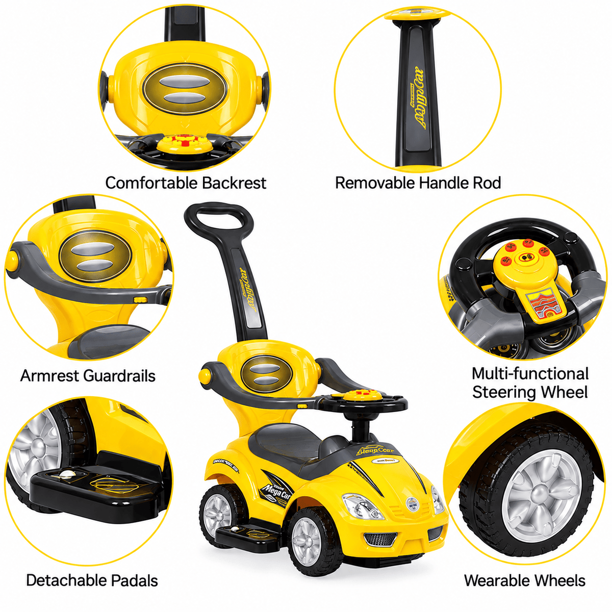 Deluxe Mega Car Ride-On With Handle Yellow B4401/381 — image 3