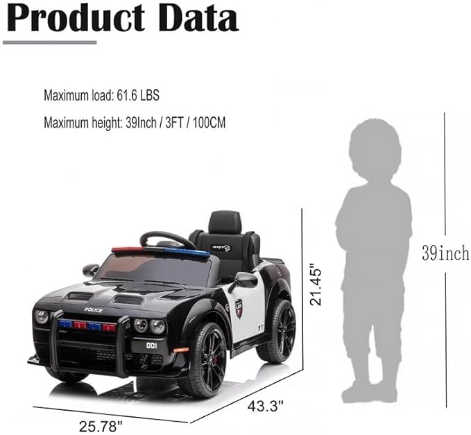 Dodge Challenger SRT Police Car 12V/2M Black BDM0955G - Colorland Toys