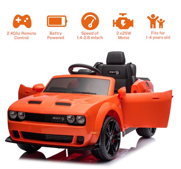 Dodge Challenger SRT Ride On Car 12V/2M,Orange - Colorland Toys