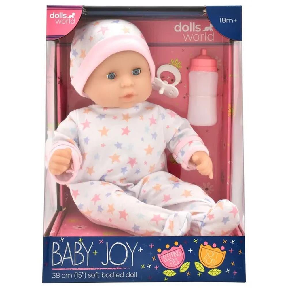 Dolls World Baby Joy 15inch Bean Fill Sleeping Eyes Dlx Romper N Accessories 78308 - Colorland Toys