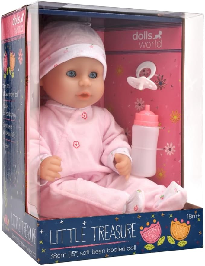 Dolls World Ltl Treasure 15inch Baby Doll With Sleeping Eyes Bottle & Dummy 78334 - Colorland Toys