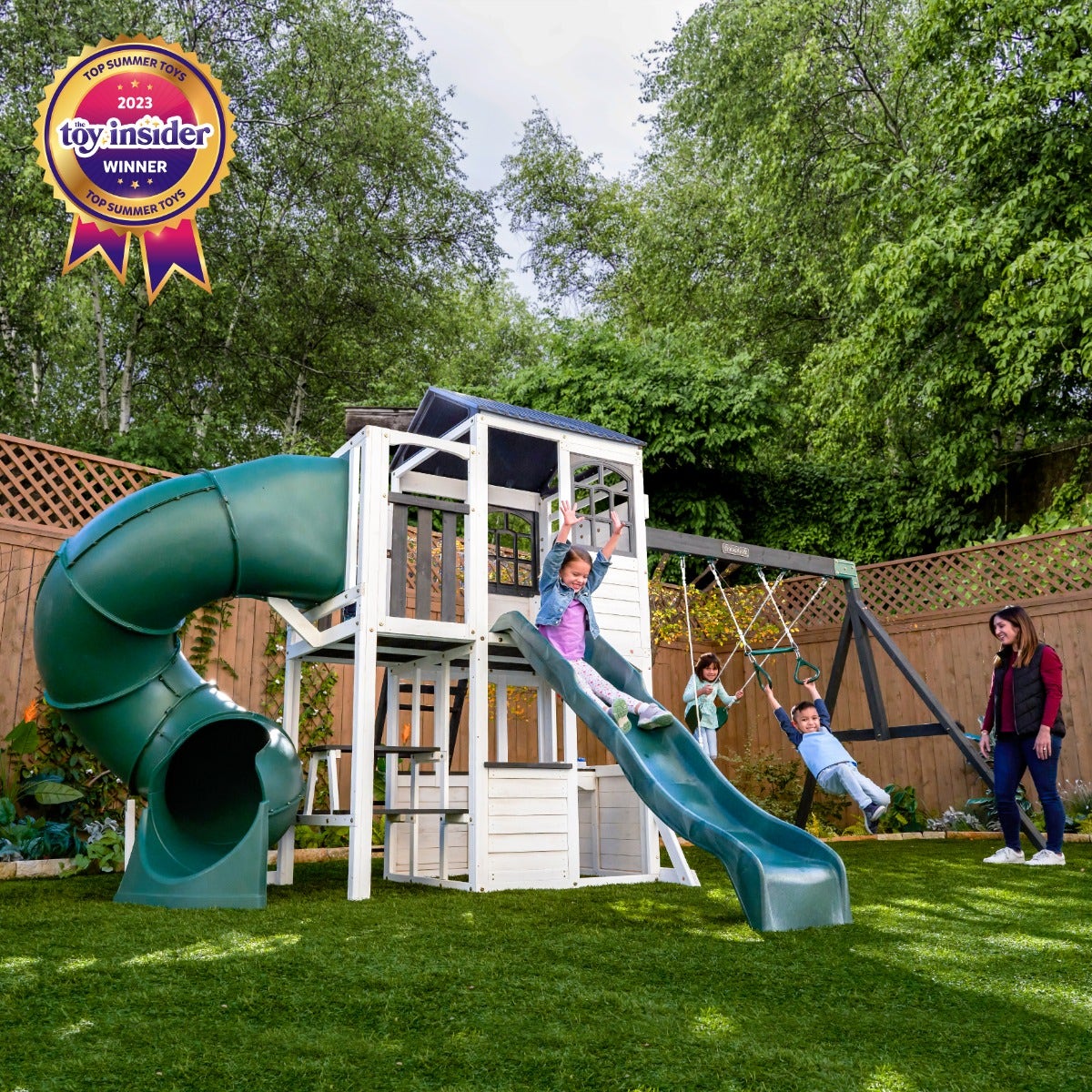 KidKraft Wrangler Way Swing Set – Wooden Playhouse & Slides