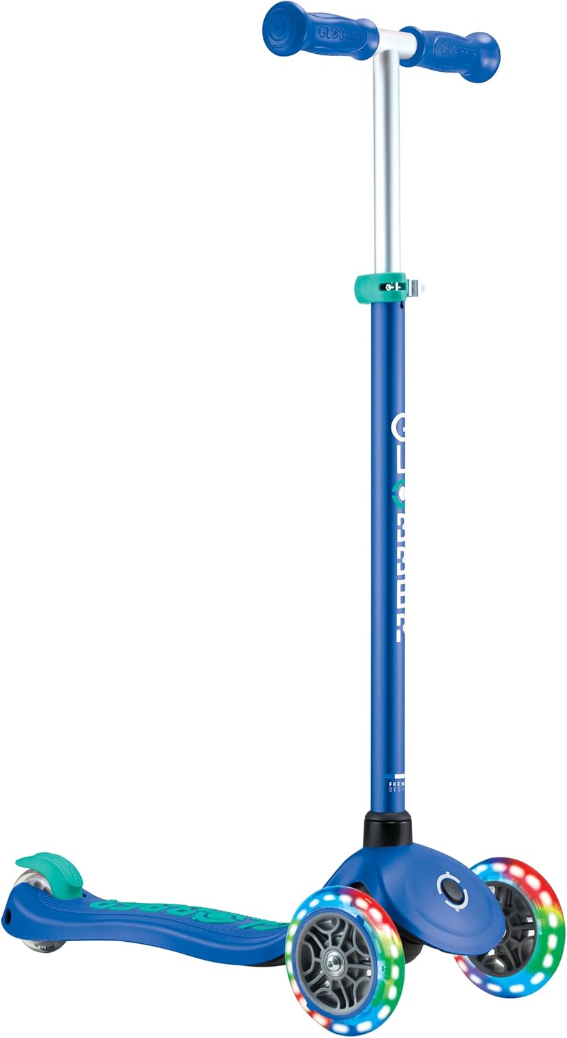 Globber Primo Plus Lights Scooter, Navy Blue/Emerald Green
