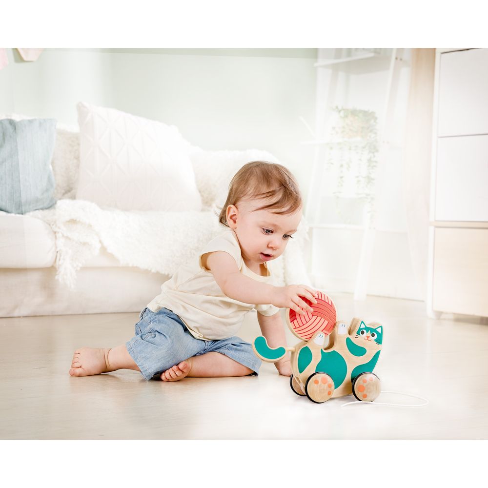 Hape 2 - in - 1 Wooden Pull - Along Roll & Rattle Kitten - Colorland Toys