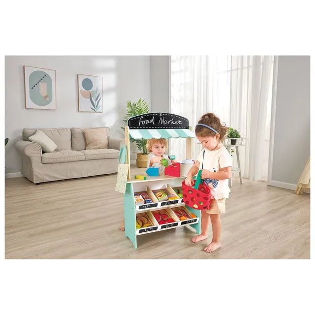Hape Farmers Market Stall E3209 – Wooden Market Stall Playset with 62 Accessories - Colorland Toys