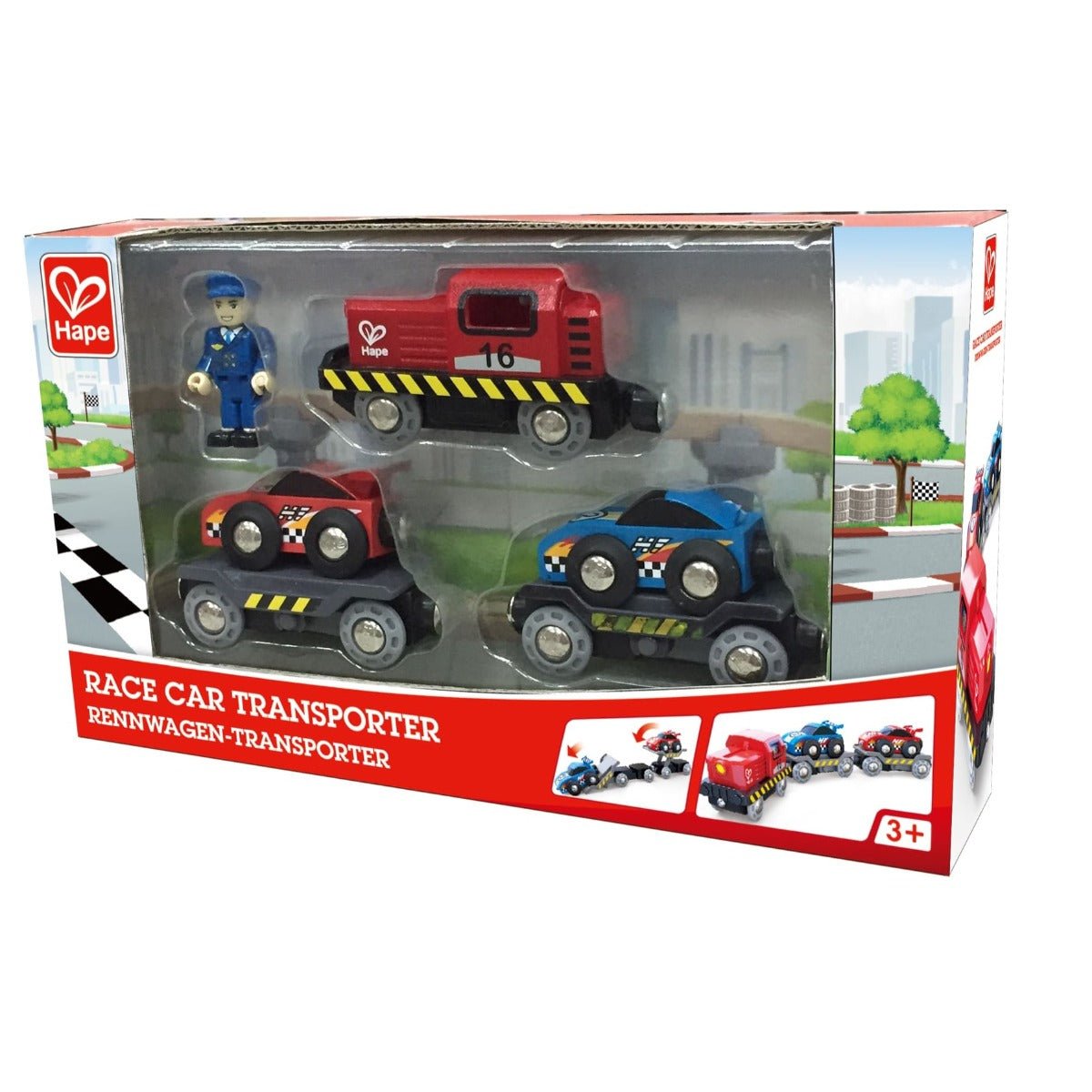 Hape Wooden Race Car Transporter Railway Set 4pcs - Colorland Toys