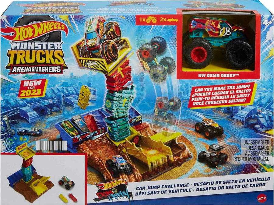 تحدي القفز على سيارات ديربي العرض التوضيحي HNB94/HNB92 من Hotwheels Monster Trucks Arena Smashers
