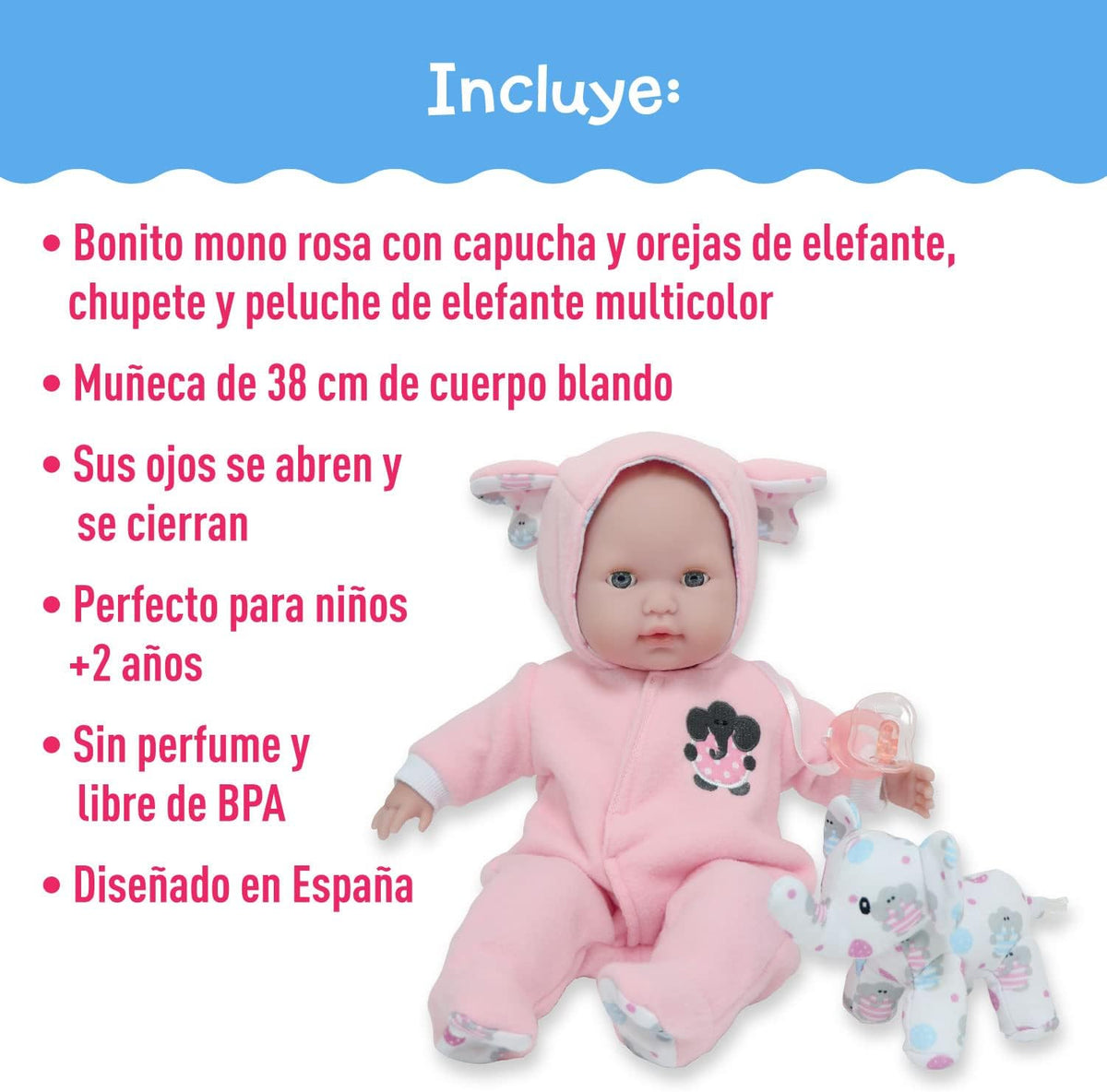 JC Toys Berenguer Boutique 38cm Pink Baby Doll with Elephant Theme — image 2