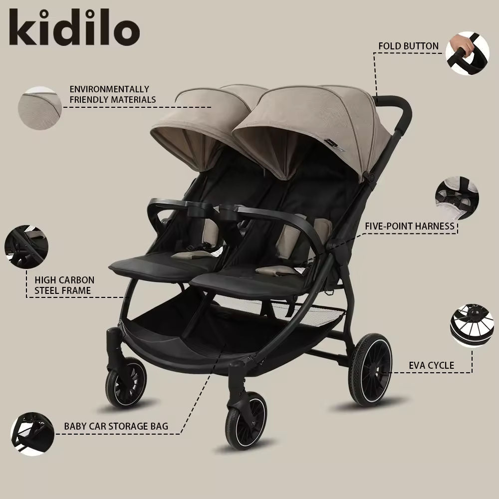 Kidilo LB100 Luxury Twin Lightweight Aluminum Twin Stroller black - Colorland Toys