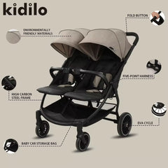 Kidilo LB100 Luxury Twin Lightweight Aluminum Twin Stroller black - Colorland Toys