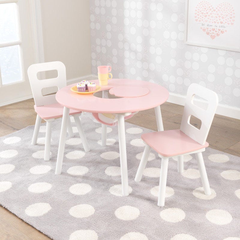 KidKraft - Round Storage Table & 2 Chair Set - White & Pink - Colorland Toys