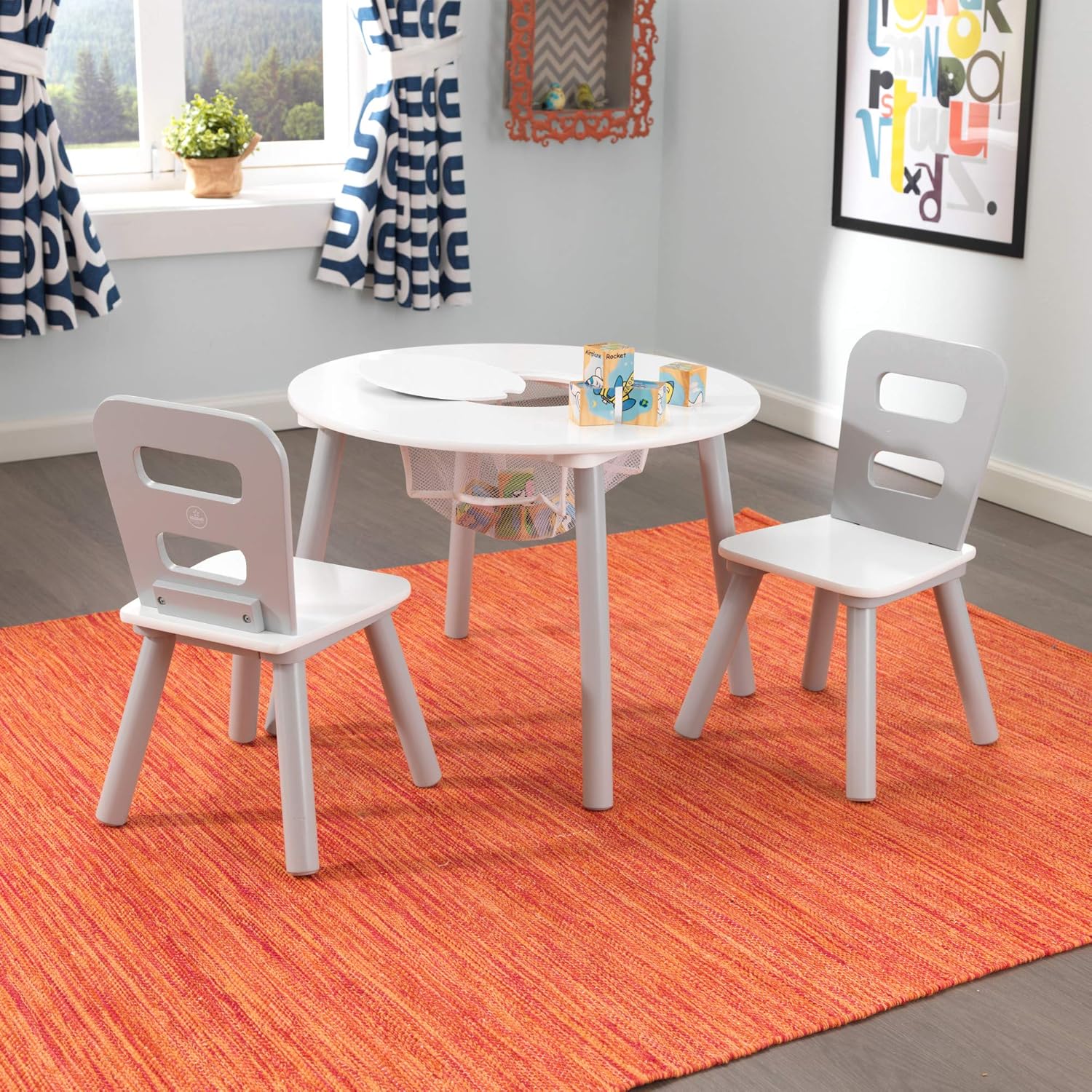 Kidkraft Round Storage Table And 2 Chair Set - Gray/White 26166 - Colorland Toys