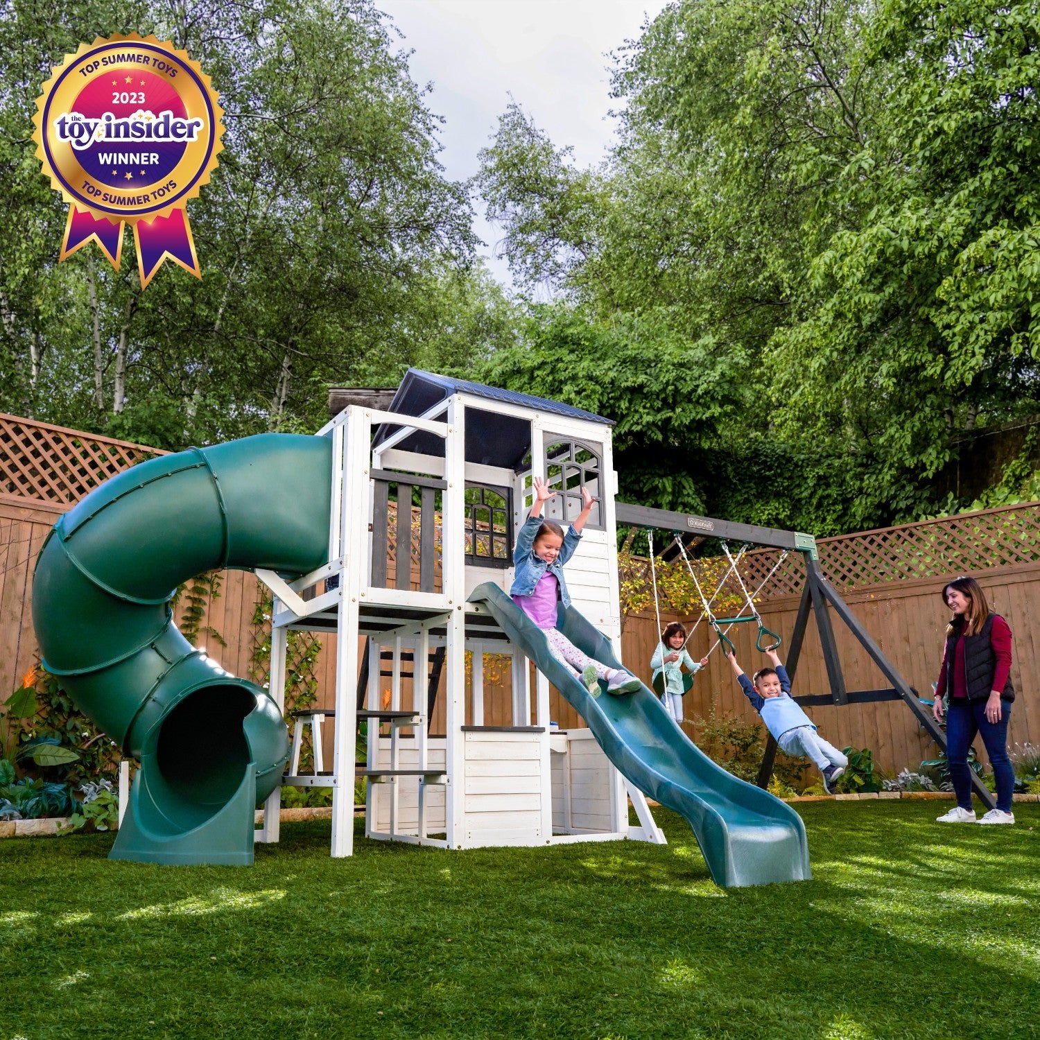KidKraft Wrangler Way Swing Set – Wooden Playhouse & Slides F29625E - Colorland Toys