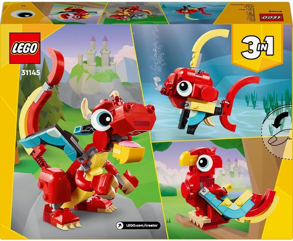LEGO Creator 3-in-1 Red Dragon, Phoenix & Fish Animal Figures Set (31145) – 149-Piece Buildable Toy for Kids 6+ - Colorland Toys