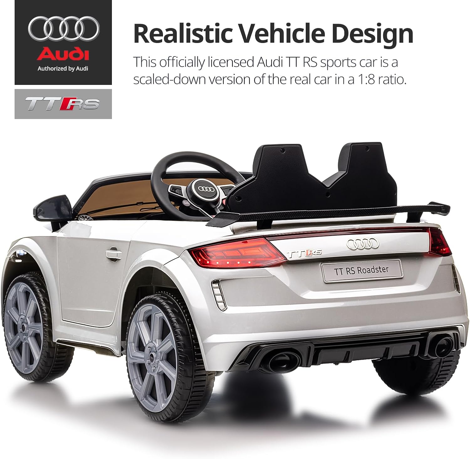 Licensed Audi TT RS Roadster 12V Electric Ride-On Car for Kids – White (Remote Control + Bluetooth) - Colorland Toys