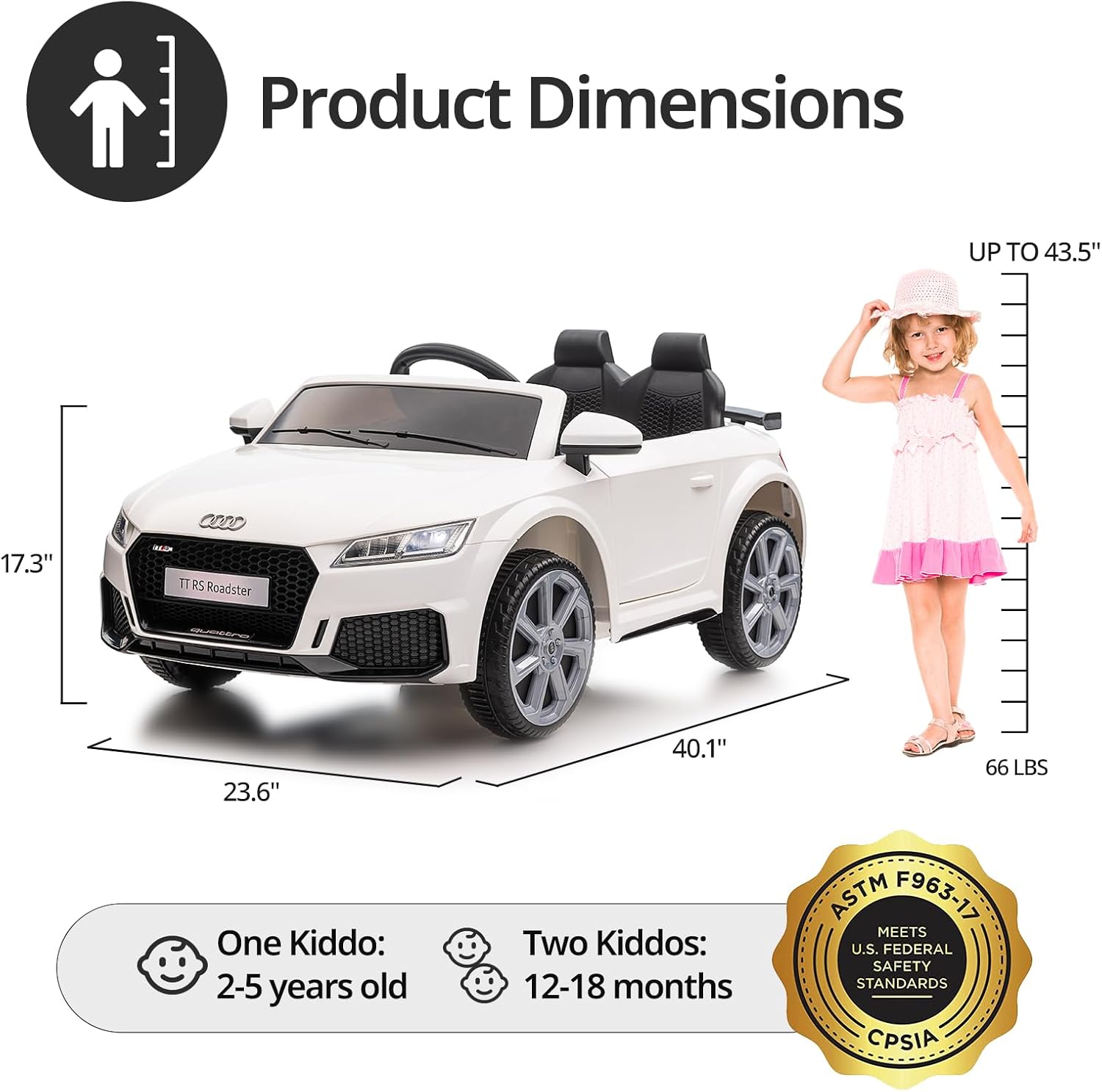 Licensed Audi TT RS Roadster 12V Electric Ride-On Car for Kids – White (Remote Control + Bluetooth) - Colorland Toys