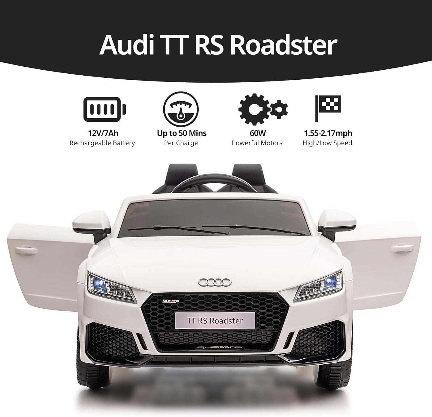 Licensed Audi TT RS Roadster 12V Electric Ride-On Car for Kids – White (Remote Control + Bluetooth) - Colorland Toys