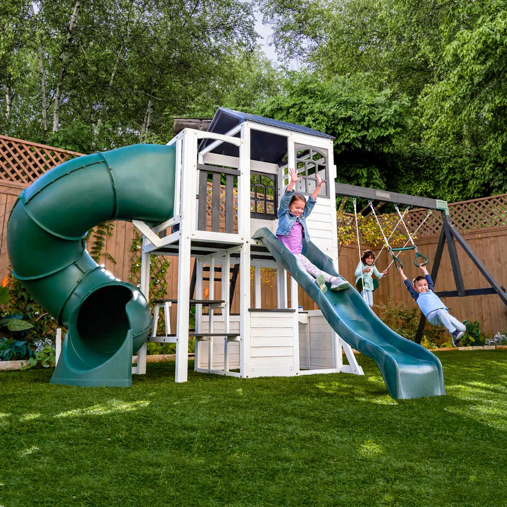KidKraft Wrangler Way Swing Set – Wooden Playhouse & Slides