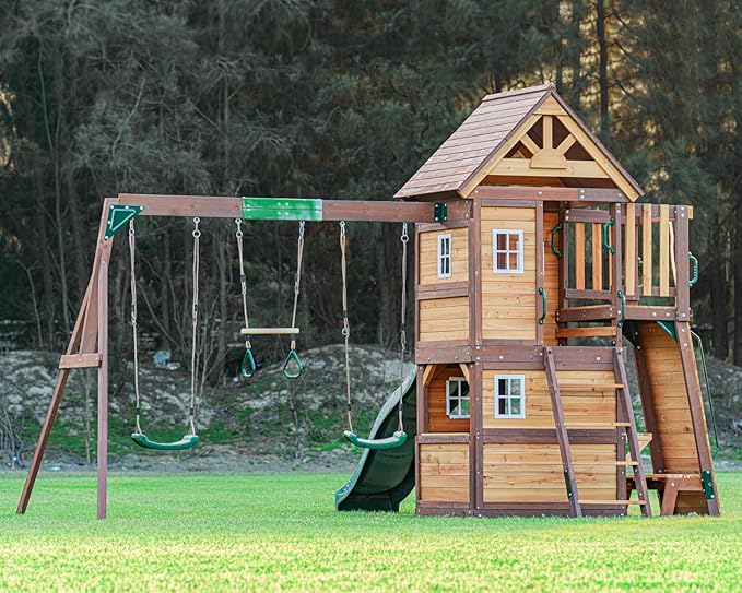 Mount Peak - Kazbek Swing Set & 2 level Play House with wooden roof MP76145 - Colorland Toys