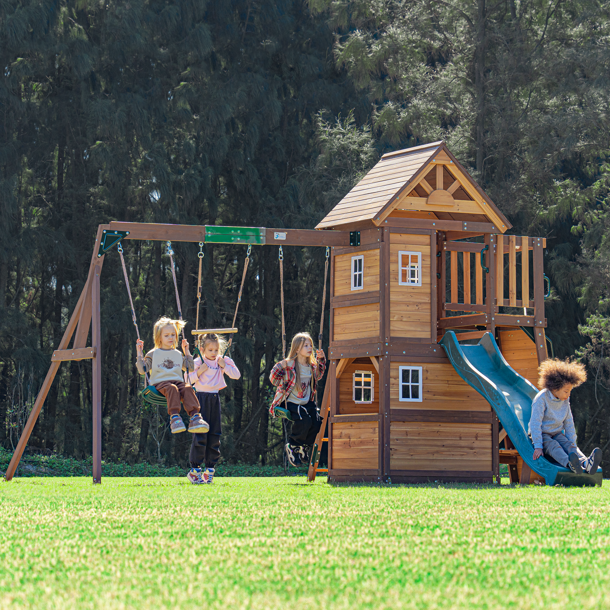 Mount Peak - Kazbek Swing Set And 2 Level Play House With Wooden Roof MP76145 - Colorland Toys