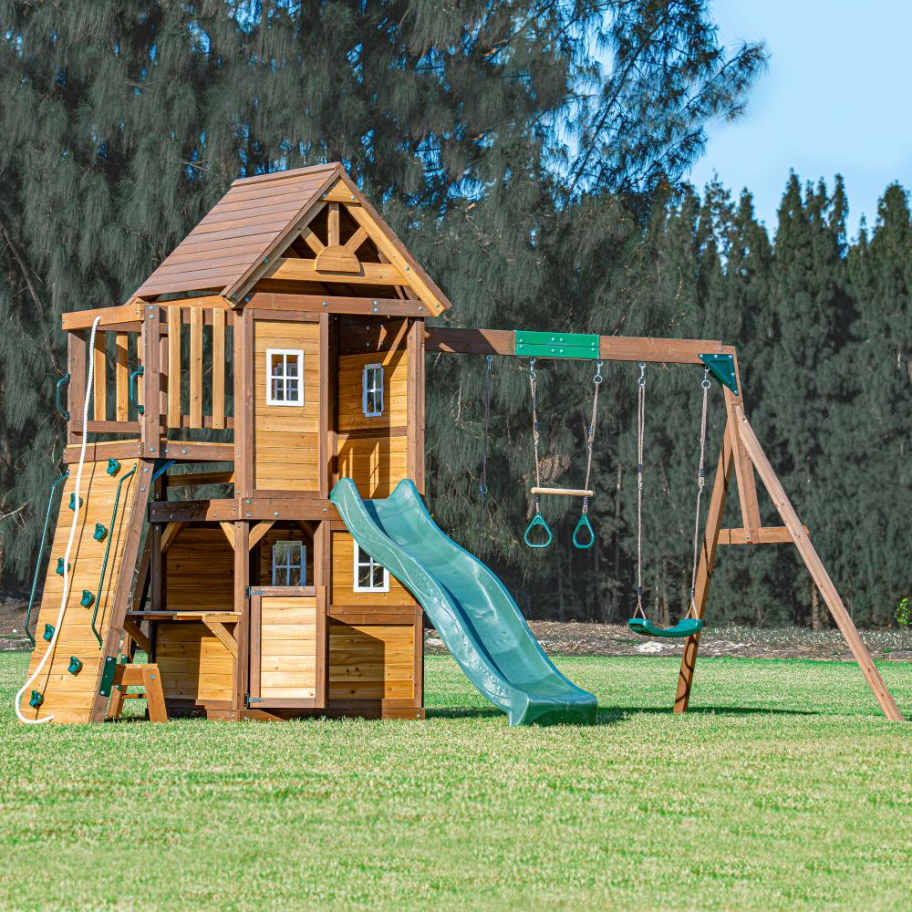 Mount Peak - Kazbek Swing Set And 2 Level Play House With Wooden Roof MP76145 - Colorland Toys