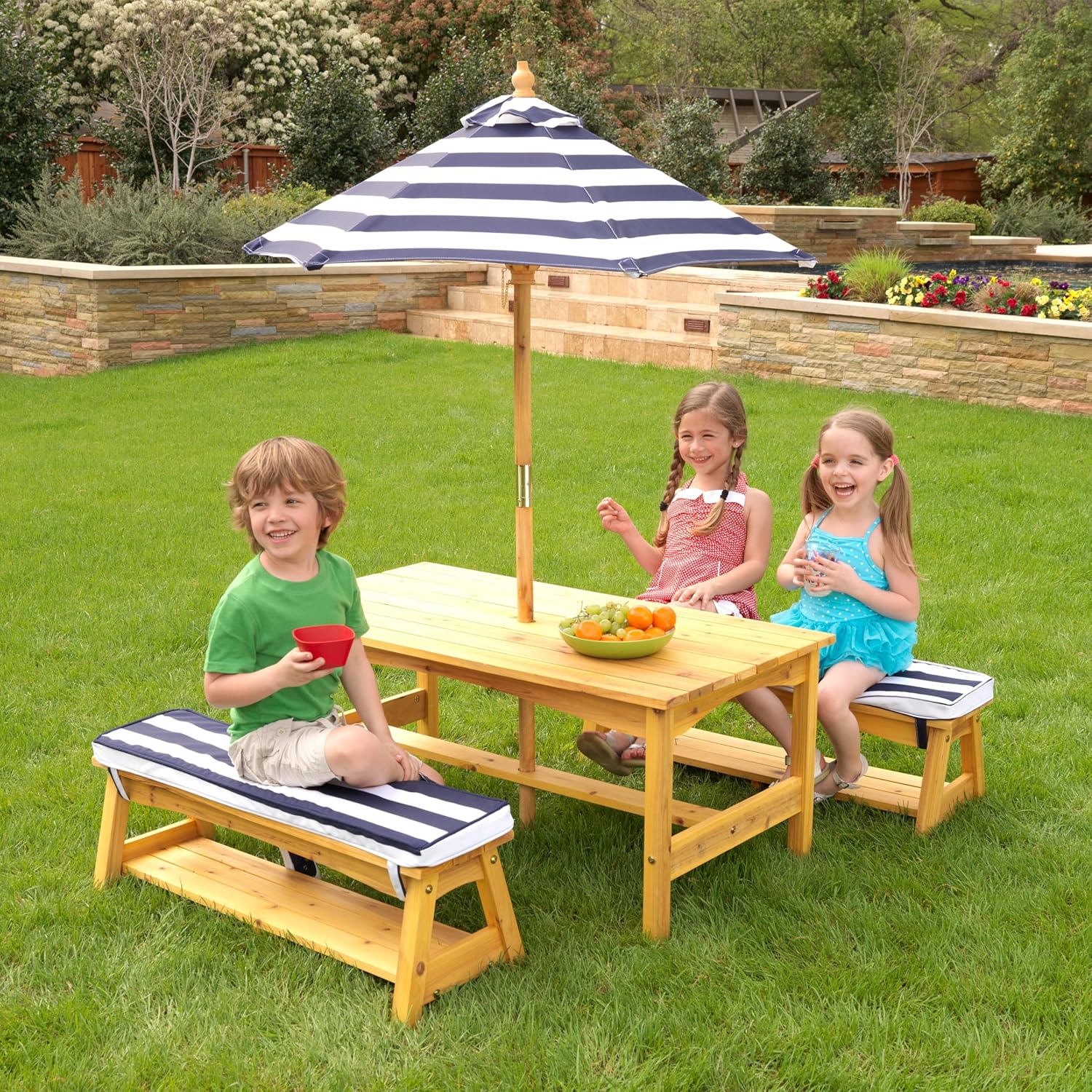 Outdoor Table & Bench Set with Cushions & Umbrella - Navy & White Stripes - Colorland Toys