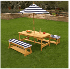 Outdoor Table & Bench Set with Cushions & Umbrella - Navy & White Stripes - Colorland Toys